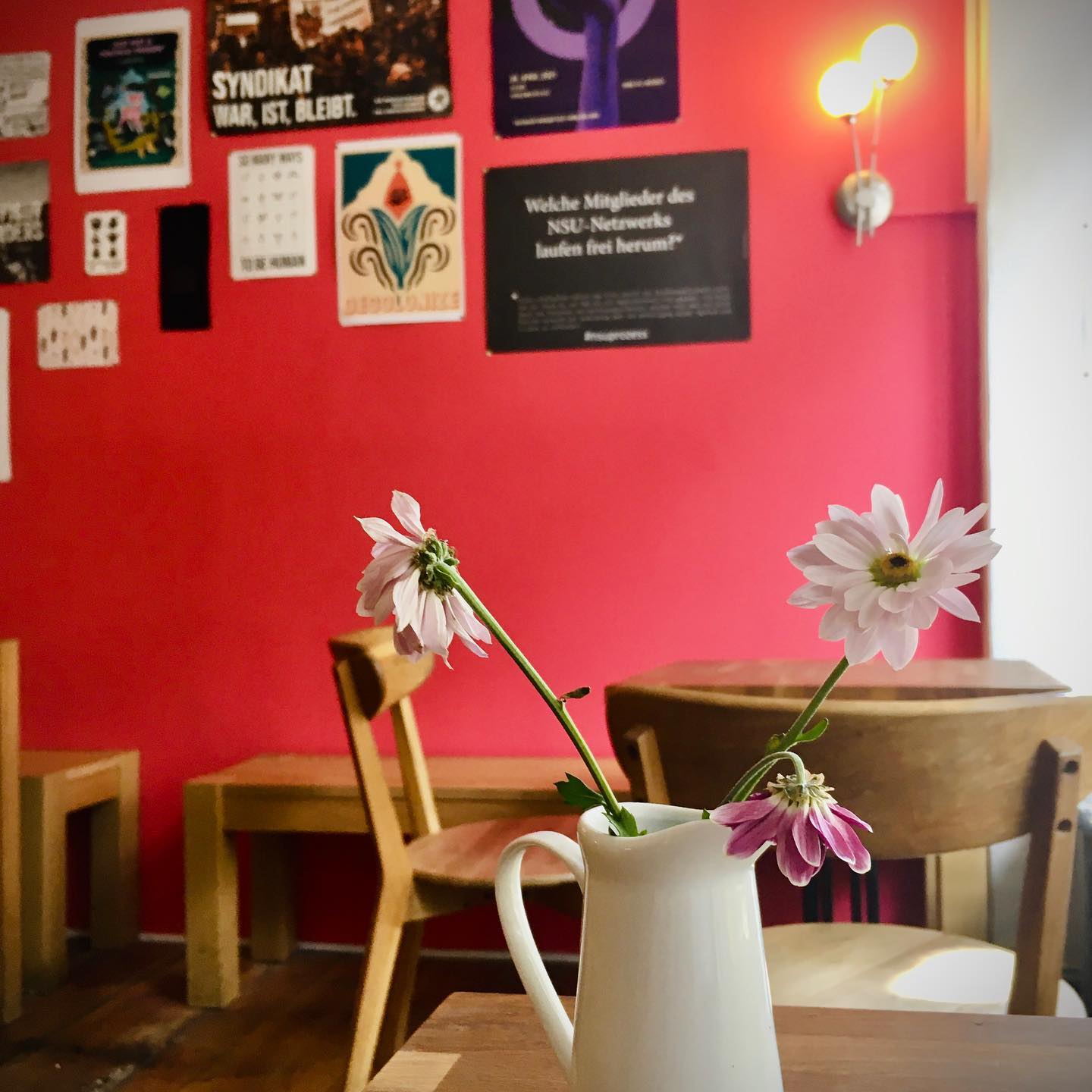 Radikalecker cafe interior with red wall and flowers