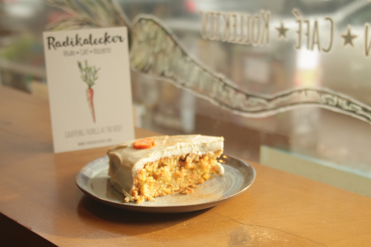 Carrot cake in cafe window